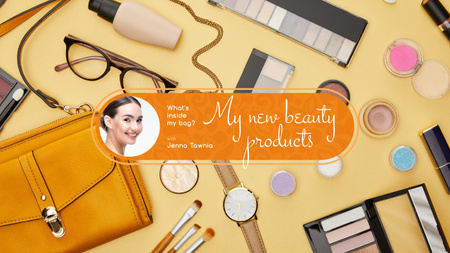 Beauty Blog Ad with Makeup Products on Table Youtube Design Template