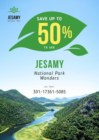 National Park Tour Offer with Forest and Mountains Poster Modelo de Design