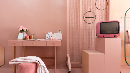Ontwerpsjabloon van Zoom Background van Cosmetics on table in pink Room