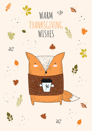 Thanksgiving Wishes with Fox holding cup Poster Design Template