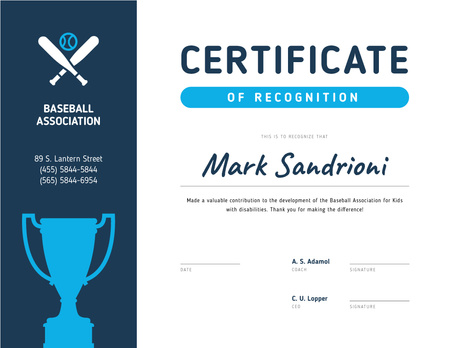 Baseball Association Recognition with cup in blue Certificate Modelo de Design