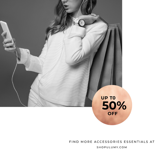 Plantilla de diseño de Stylish Woman holding tablet and listening music Instagram 