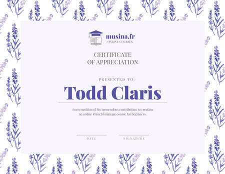 French language course development Appreciation Certificate tervezősablon