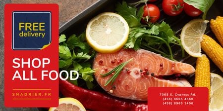 Seafood Offer with Raw Salmon Piece Twitter Design Template