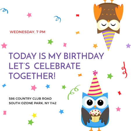 Ontwerpsjabloon van Instagram van Birthday party Invitation with Cute Owls