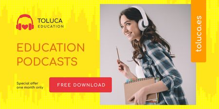 Education Podcast Ad with Woman in Headphones Twitter Design Template