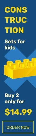 Kids Constructors Sale with Brick in Yellow on Blue Skyscraper – шаблон для дизайна