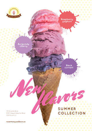 Ice Cream Ad with Colorful Scoops in Cone Poster Modelo de Design