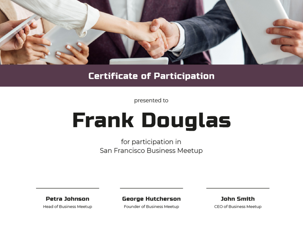 Business Meetup Attendance confirmation with Handshake Certificate Design Template