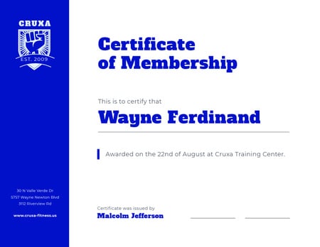 Training Club Membership confirmation in blue Certificate tervezősablon