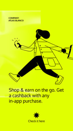 Cashback Services ad with Woman holding Phone Instagram Story tervezősablon