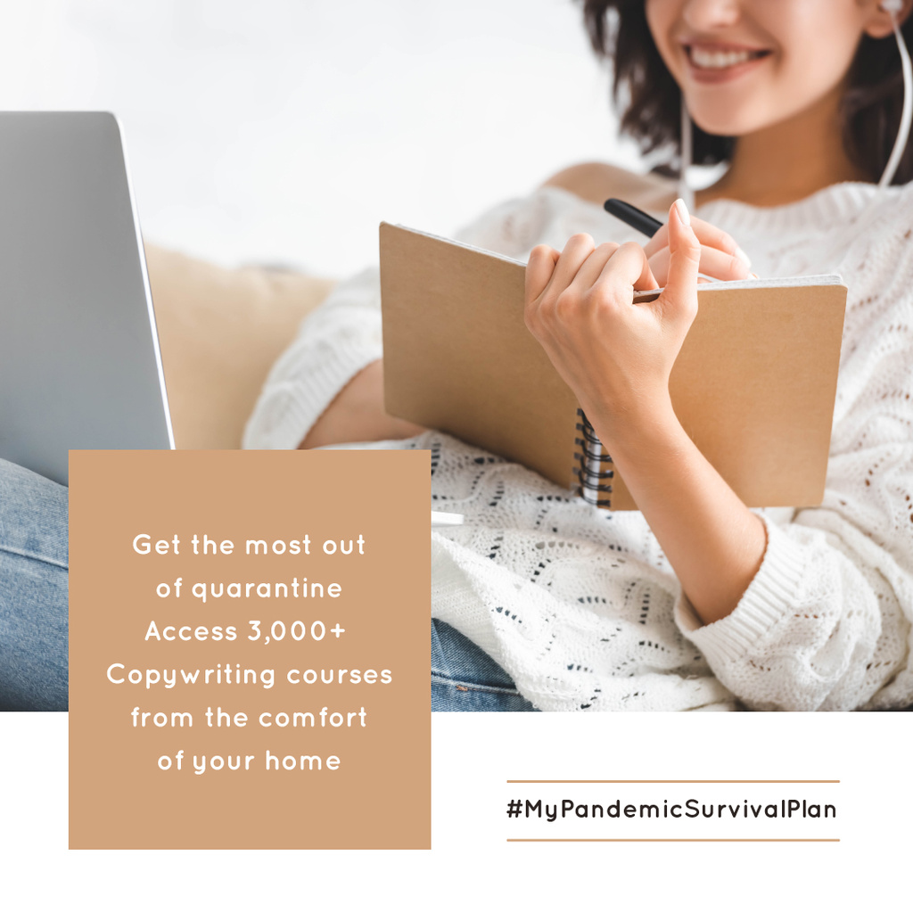 Template di design #MyPandemicSurvivalPlan Woman studying with laptop at home Instagram