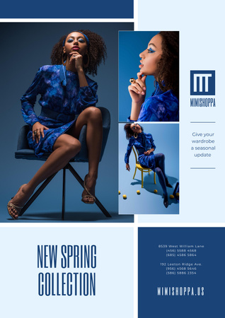 Fashion Collection Ad with Stylish Woman in Blue Poster Design Template