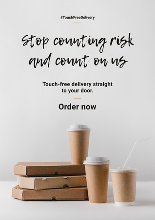 #TouchFreeDelivery Services offer with Food and Coffee in boxes Poster Design Template