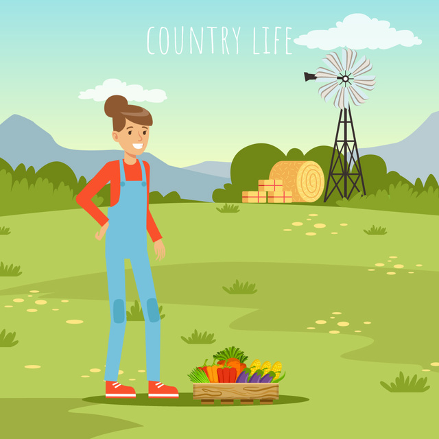 Woman farmer with vegetables harvest Animated Post Tasarım Şablonu