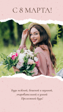 Platilla de diseño Happy Woman with Flowers on Woman's Day Instagram Story