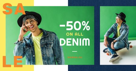 Denim Sale Stylish Man in Hat in Green Facebook AD Design Template
