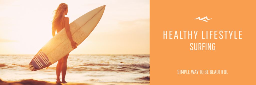 Platilla de diseño Summer Vacation Offer Woman with Surfboard Twitter