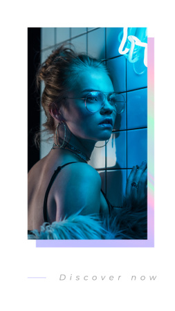 Fashion Ad with Girl in glasses on Neon light Instagram Story Πρότυπο σχεδίασης