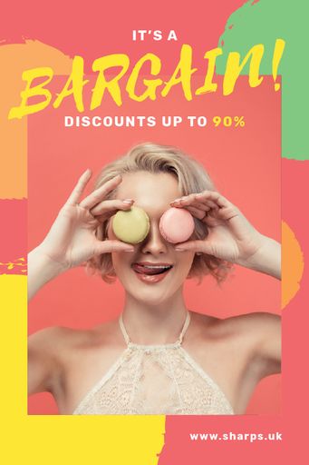 Sale Offer Woman Holding Macarons By Face 