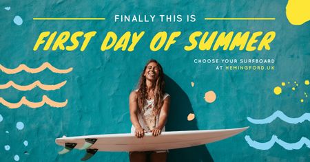 First Day of Summer Girl Holding Surfboard Facebook AD Šablona návrhu