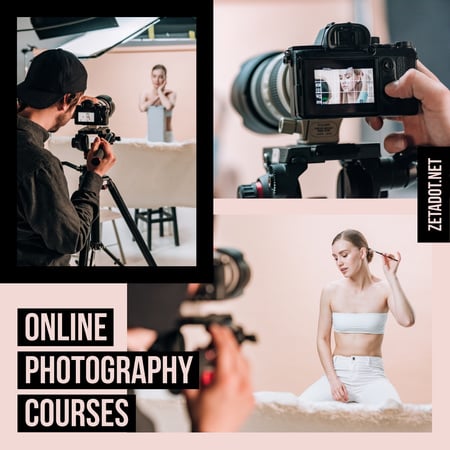 Ontwerpsjabloon van Instagram van Photography Courses Ad Photographer and Woman in Studio
