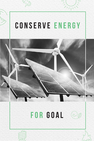Plantilla de diseño de Energía verde con turbinas eólicas y paneles solares Pinterest 