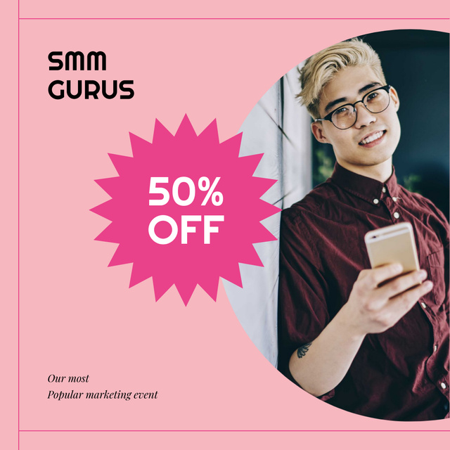 SMM professional using phone Instagram AD – шаблон для дизайну