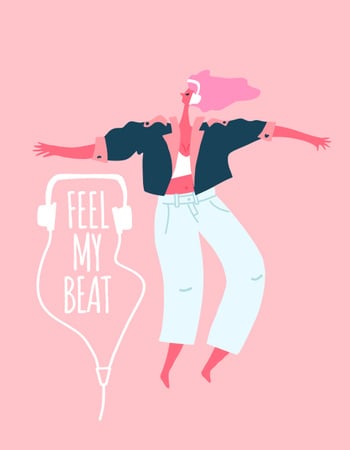 Stylish Woman dancing in headphones T-Shirt Design Template