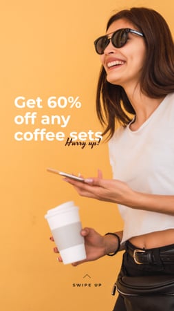 Coffee Shop promotion with happy Woman Instagram Story Modelo de Design