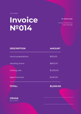 Real Estate Agency Services on Purple Abstraction Invoice – шаблон для дизайну