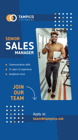Sales Manager Vacancy Smiling Man in Office Instagram Story Design Template