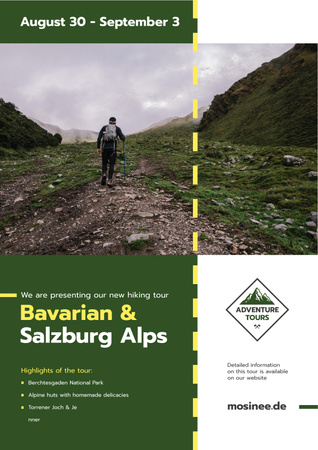 Hiking Tour Offer with Man Walking in Mountains Poster Tasarım Şablonu