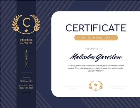 Financial Educational Program Completion in blue Certificate Design Template