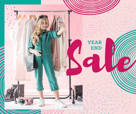 Year End Sale Woman taking selfie in wardrobe Facebook Design Template