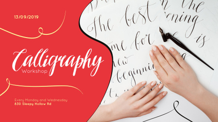 Calligraphy Workshop announcement Artist Working with Quill FB event cover Modelo de Design
