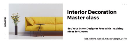 Interior Decoration Event Announcement Sofa in Yellow Twitter Modelo de Design