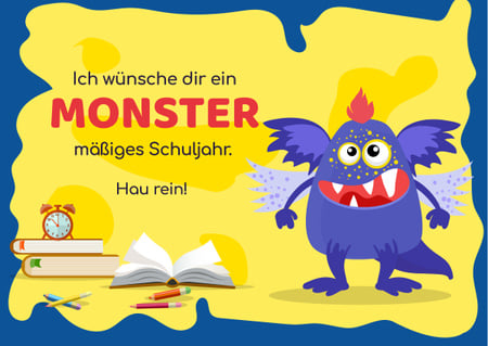 School Year Greeting with Monster Card Design Template