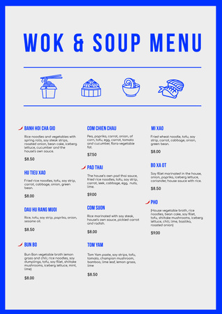 Designvorlage Wok and Soup dishes für Menu
