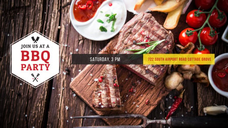BBQ Party Invitation with Grilled Steak FB event cover Design Template