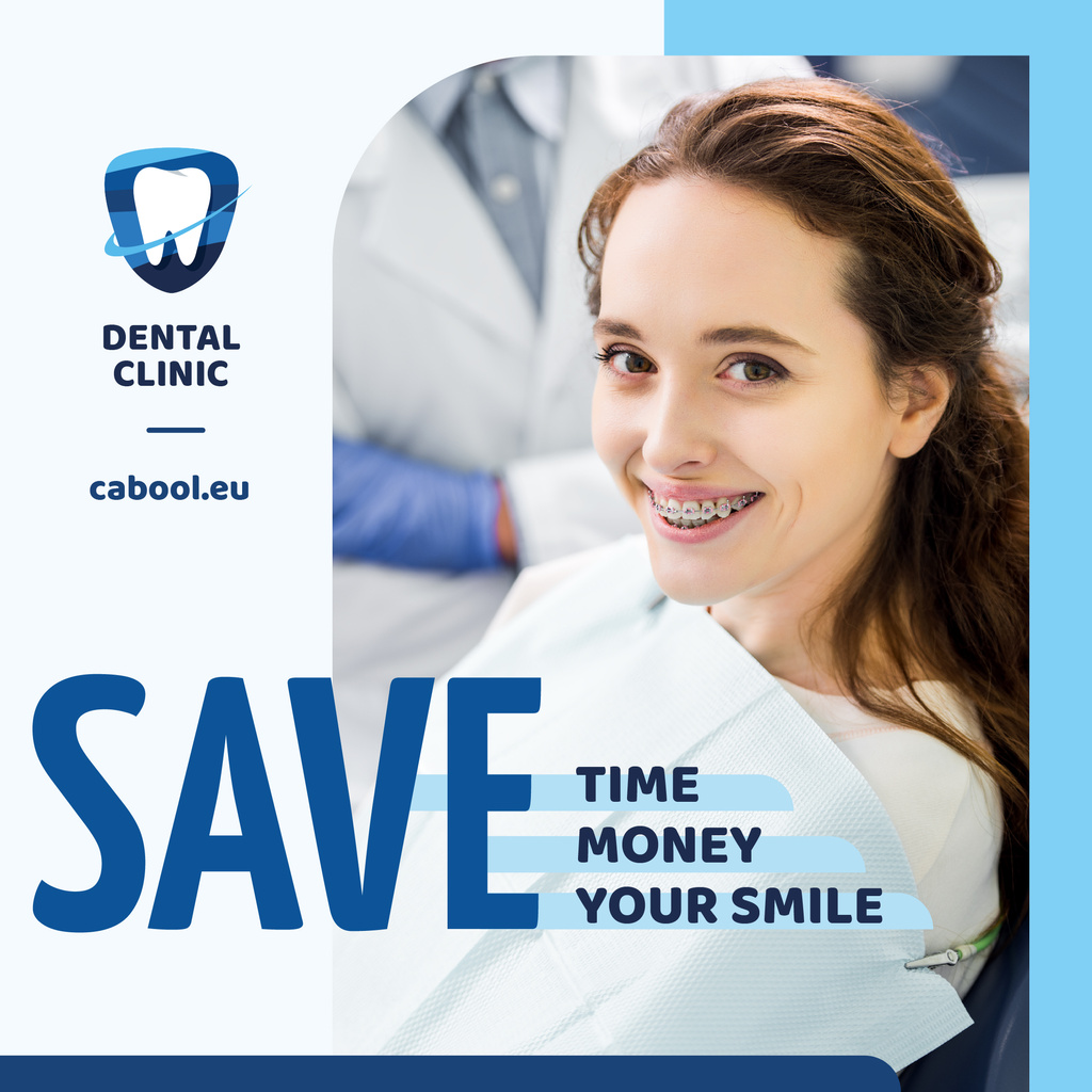 Dental Clinic Promotion Woman in Braces Smiling Instagram AD Modelo de Design