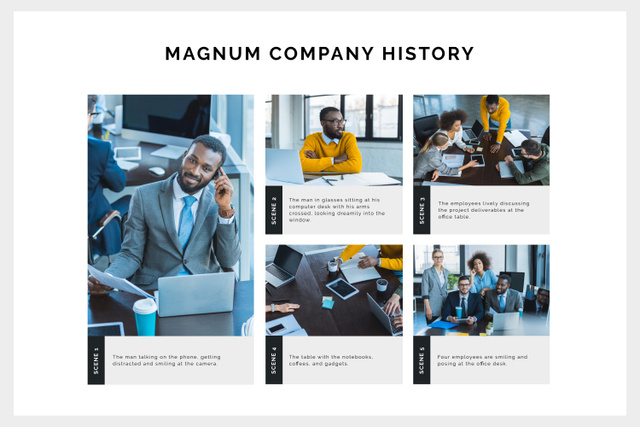 Company History with Group of Businesspeople Storyboardデザインテンプレート