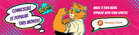 Product Hunt Campaign Promotion with Cat in Comics Style Web Banner Tasarım Şablonu