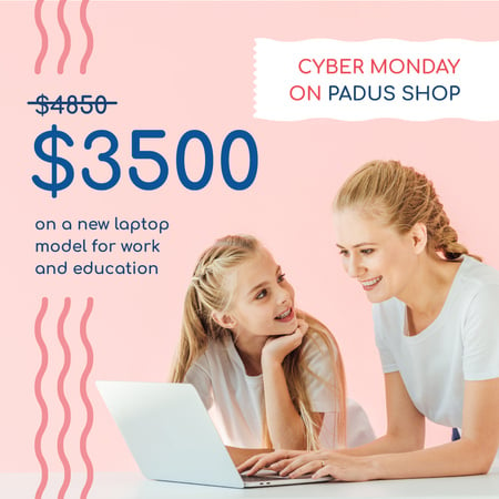 Plantilla de diseño de Cyber Monday Sale Mother and Daughter by Laptop Instagram 