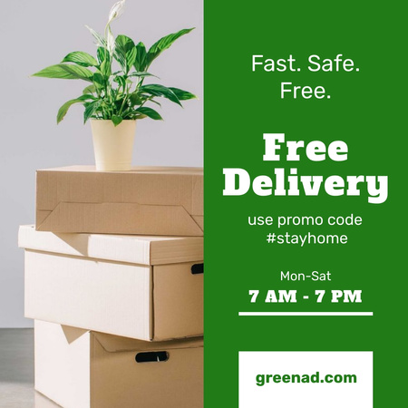#StayHome Delivery Services offer with boxes and plant Instagram Tasarım Şablonu