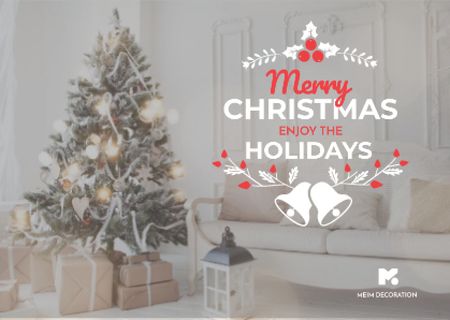 Platilla de diseño Merry Christmas Greeting with Decorated Tree in Room Postcard