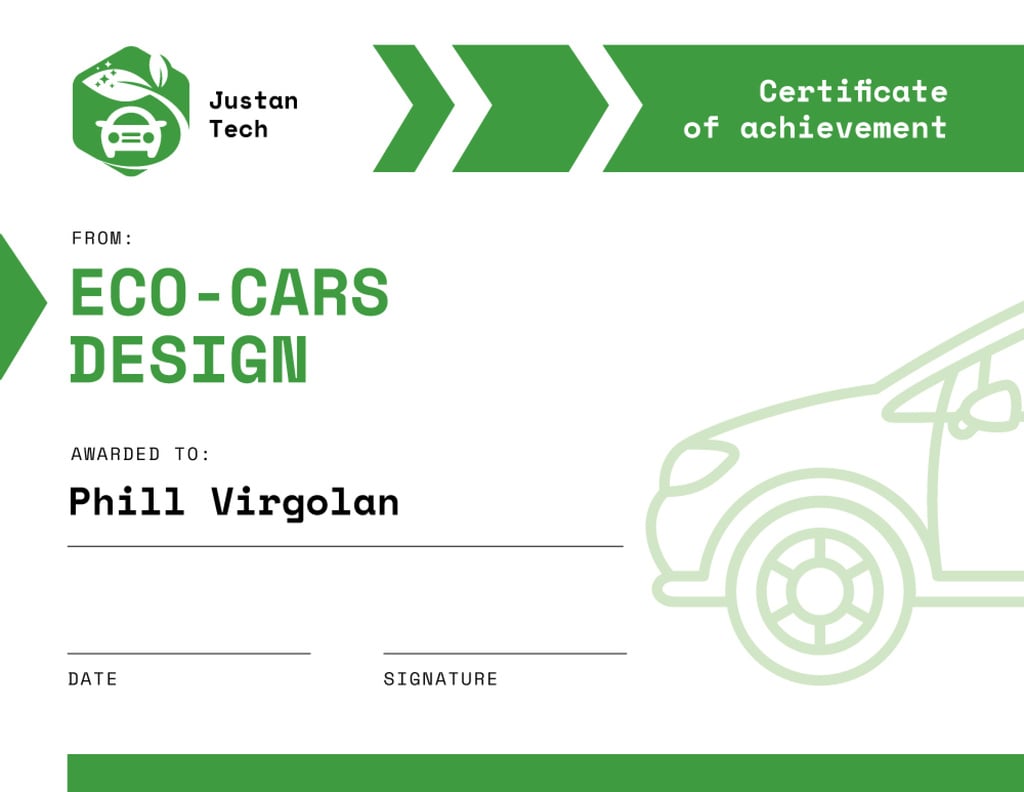 Designvorlage Achievement in Eco Cars design in green für Certificate