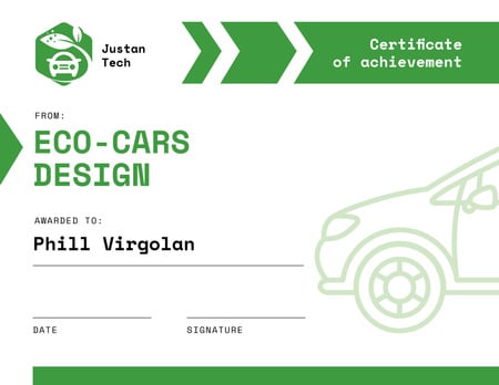 Achievement in Eco Cars design in green Certificate Design Template