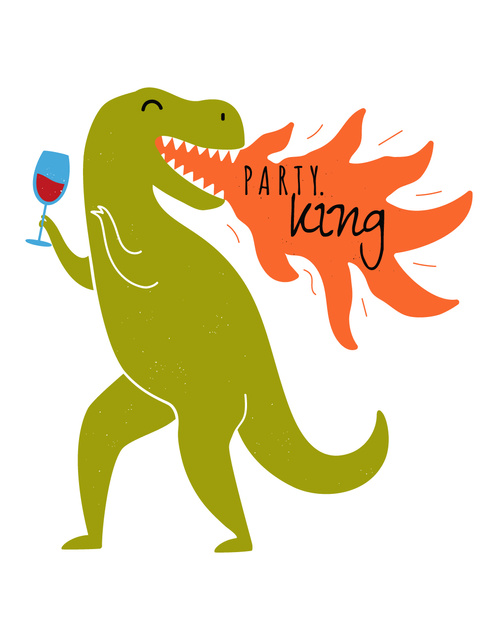Funny Dinosaur with Glass of Wine Breathing Fire T-Shirt Tasarım Şablonu