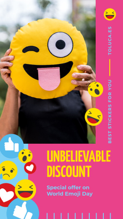 Platilla de diseño World Emoji Day Offer with Girl Holding Funny Face Instagram Story